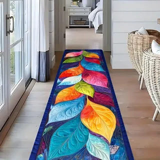 Bunter Läufer Blättermuster Den Flur, 60x150cm Moderner Teppich Im Bohème Stil Blauen, Gelben und Rosa Blättern, Stilvoller Akzent Teppich Eingangsbereich, Schöner, Läufer für Den Innenbereich
