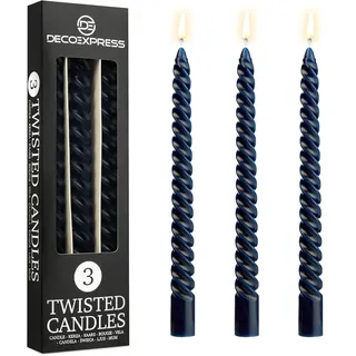 DECO EXPRESS Stabkerzen Set, 3er Packung, Tropffreie Gedrehte Bunte Kerzen, 6 Stunden Brenndauer Unparfümiert, Schlafzimmer Deko Geschenke für Valentinstag und Muttertag (Blau, 3er-Pack)