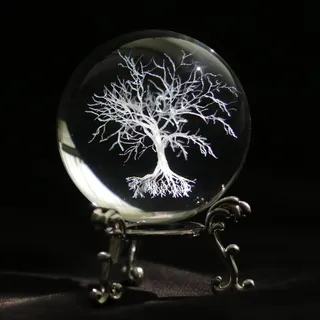 5,8 cm 3D-Lebensbaum-Kristallkugel mit Ständer, 3D-Lasergravur, Lebensbaum-Figur, dekorativ, Quarz, Glaskugel, Tisch, Briefbeschwerer, Dekoration, Handwerk