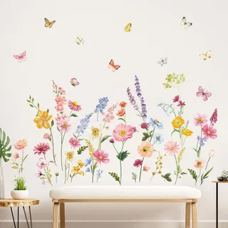 decalmile Wandsticker Garten Blumen Wandtattoo Bunt Blume Schmetterlinge