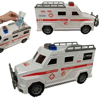 COIL Elektronisches Spardose, Sparschwein, Safe, Banknoten und Münzen, Soundeffekte, Maße:32x12,5x16 cm, Krankenwagen - Weiß