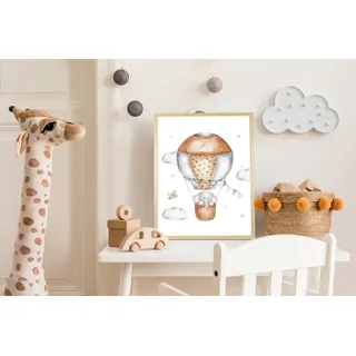 Bild mit Rahmen QUEENCE "Elefant im Heißluftballon", braun (farbe bild(er): braun), B:40cm H:50cm T:1,5cm, Holz, Plexiglas, Bilder