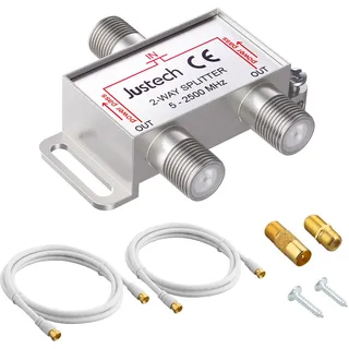 Justech SAT-Verteiler 2-Fach Splitter 2-Wege Verteiler TV Radio F-Stecker Adapter TV Fernseh Adapter mit 2x 1.5m Kabel + 1x F Stecker auf Koax Stecker + 1x F Buchse auf Koax Kupplung