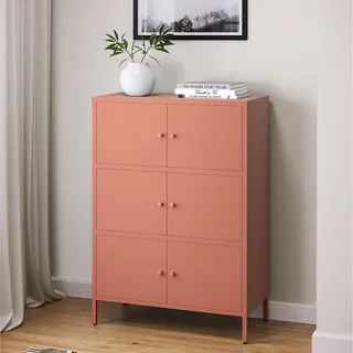 skølm Atriona Kommode 80 cm, mit 3 Fächern, Terrakotta, Sideboard 6 Türen | Metallschrank, Kleiner Mehrzweckschrank breit, höhenverstellbare Füße, Aufbewahrungsschrank, Wohnzimmerschrank, Flurschrank
