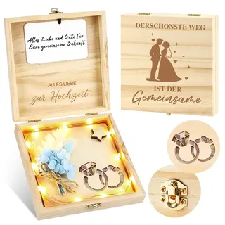Geldgeschenk Hochzeit, Hochzeitsgeschenke für Brautpaar, LED Geschenkbox mit Trockenblumen und Holzkarte, Geld Spardose Geschenkidee Alles Liebe zur Hochzeit