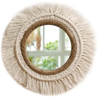 PAEFIU Wandbehang Dekorativer Spiegel, Boho Makramee Wandspiegel, Quaste Spiegel Wandbehang, Handgefertigte Wandspiegel Runder, für Wohnung, Haus, Schlafzimmer, Wohnzimmer, Badezimmer, Flur (L)