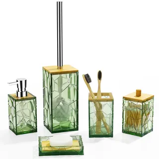 GAHEFY Salbeigrün Badezimmer-Zubehör-Set, Zahnbürstenhalter, Seifenspender, Wattestäbchen-Halter, Seifenschale, WC-Bürste mit Halter, Boho-Bambus-Badezimmer-Dekor, Acryl (Grün)