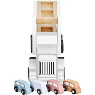 mamabrum Holz-Autotransporter Set mit 4 Autos und Abschleppwagen, Hebebühne & Sicherheitsanhänger, Kinderspielzeug 3-5 Jahre, 33 cm Länge, Pastellfarben
