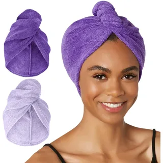 Turbie Twist Mikrofaser-Haartuch für Schönheit, Reisen, Geschenke, Haarturban für glattes, gewelltes und lockiges Haar, Premium-Körperpflege, Dunkelviolett und Hellviolett, 2 Stück