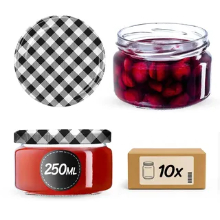 KADAX 10er Set Marmeladengläser 250ml TO82 Schwarz kariert, Einmachgläser Vorratsgläser Mason Jar mit Schraubdeckel, Luftdichte Schraubgläser, Honig & Konfitüre