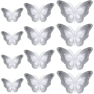 Oblique Unique® 3D Schmetterlinge 12er Set Metall Dekoration + Klebepunkte als Wandtattoo Wandsticker Wanddeko in Gold oder Silber (Silber)