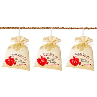 Adventino Adventskalender "24 Gründe Warum ich Dich Liebe inkl. Kokosschnur zum Befüllen für Erwachsene mit 24 Säckchen aus Satin