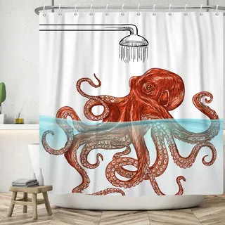 ASDCXZ Lustig Duschvorhang 180x200 cm, Modern Einfachheit Lustig Orange Oktopus Schwimmen Weiß Bad Waschbar Duschvorhänge Polyester Textil Wasserdicht Badevorhang für Badewanne mit 12 Haken