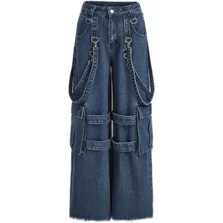 Vagbalena Damen Jeans mit Klappentaschen lockere Drawstring-Jeans Klassische lässige Latzhose lockere Passform Vintage Boyfriend-zulaufende Jeans. (Marineblau,M) - M