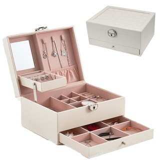 JXINLODGEG Schmuckkasten mit 2 Ebenen eine Schublade,Schmuckkiste mit Schlüssel Weiße Jewellery Box für Ringe, Ohrringe, Halsketten und Uhren, Geschenk für Ihre Liebsten