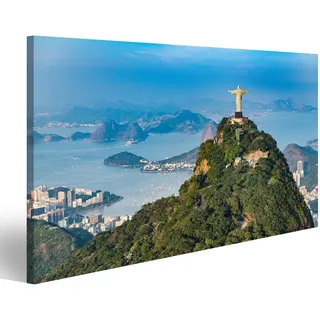 Bild auf Leinwand Luftaufnahme von Rio De Janeiro. Corcovado Berg mit Statue von Christus dem Erlöser mit Blick auf die Landschaft von Rio Wandbild Leinwandbild Kunstdruck Poster 100x57cm