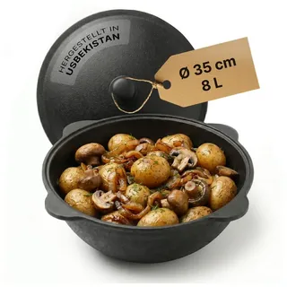BIG-PAN Wok Gusseisen Kazan 8L mit Deckel Feuertopf für Camping Grill Dutch Oven, (Feuertopf Schwenktopf Dutch Oven, Uzbekischer Kessel Namangan), asiatischer Topf für Plov Wok Eintöpfe schwarz