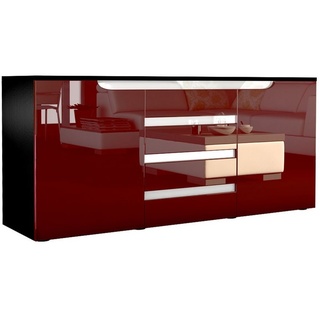 Vladon Sideboard Sylt (Kommode, mit 2 Türen und 4 Schubladen), Schwarz matt/Bordeaux Hochglanz/Weiß Hochglanz (139 x 72 x 35) rot
