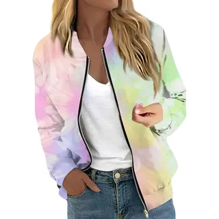 RMBLYfeiye Damen Bomberjacke Farbverlauf Pilotenjacke Mit Taschen Casual Motorrad Jacke Reißverschluss Leichte College Elegant Outdoor Slim Freizeitjacke Frauen Baseball Fliegerjacke