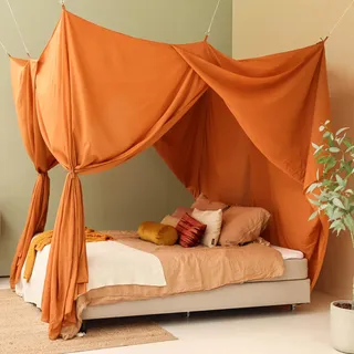 Orange Betthimmel für Doppelbett | Rechteckiges Luxuriöses Moskitonetz | Dekorativer Baldachin für Bett XXL | Himmelbett Vorhänge, 4 Öffnungen