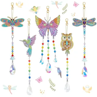 AUAUY 5 PCS Diamond Painting Kristall Sonnenfänger Windspiel Set, 5D Doppelseitige Diamond Painting Schlüsselanhänger Kristall Hängender Ornament, Kreatives Bastelset Geschenke für Erwachsene