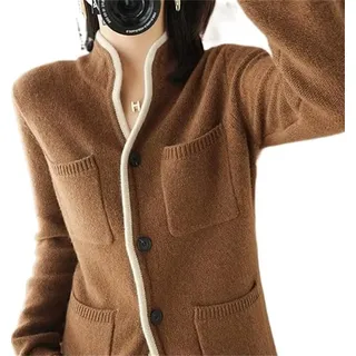 VATIVA Damen-Pullover aus 100 % Kaschmir, Herbst/Winter, Stehkragen, Strickjacke, lässig, Strickoberteil, Jacke (Farbe: Karamellfarbe, Größe: M) - M