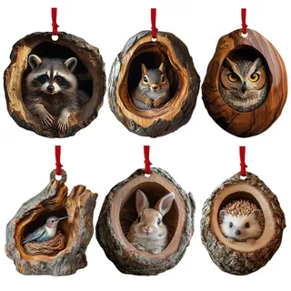 6 Stück Weihnachten Acryl Tier Dekors, Christbaumschmuck, Animal Christmas Ornaments, Waldtiere Dekoration, 2D Anhänger, Lustige Tier Anhänger Für Tierliebhaber