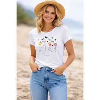 Banco T-Shirt Damen mit floralem Print Blumen Aufrduck feminin, bequem und ideal für den Sommer weiß XXL