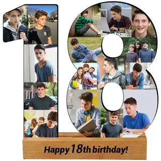 Personalisierbare Fotocollage zum 18. Geburtstag, Holzschild, Geschenk zum 18. Geburtstag, individuelle Zahl 18, Collage, Bilderrahmen, Zahlen, Collage, Schild für Geburtstag, Hochzeit, Jahrestag,