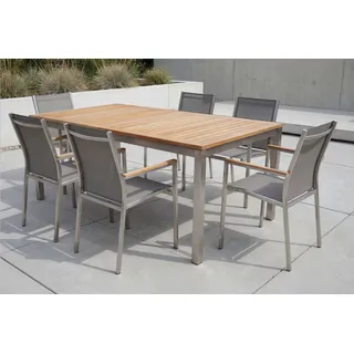STERN Cardiff Garten-Essgruppe, silber/taupe, Edelstahl/Teak, Tisch 180/240 x 100 cm, 6 Stapelsessel, FSC®-zertifiziertes Produkt