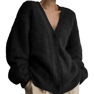 Lockenstab Luxuriöser Kaschmir-Cardigan Für Damen, Flauschiger Strickjacke, Plüsch, V-Ausschnitt, Offene Vorderseite, Knopf, Pullover-Jacken - L