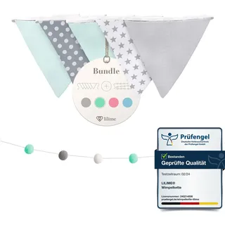 lilime® Wimpelkette Inkl. GRATIS Girlande ideal für Dekoration im Kinderzimmer - Unsere Wanddeko für Dein Kind - Super süße Deko für jedes Babyzimmer (1.9M/Grau-Weiß-Mint)
