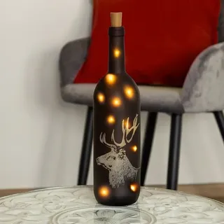 Flasche mit LED Beleuchtung schwarz mit Hirsch groß (76933) Weihnachtsdeko