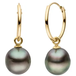 Firetti Paar Creolen Schmuck Geschenk Gold 375 Ohrschmuck Creole, Made in Germany - mit Tahitizuchtperle - Einhänger abnehmbar gelb|goldfarben|schwarz