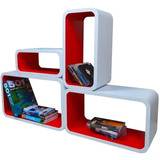 Cube Verstärkte Vielen Farben MDF Retro Design 4er Set Regal Regale Wandregal Deko Würfel CD DVD Lounge LO01 (Weiß/Rot)