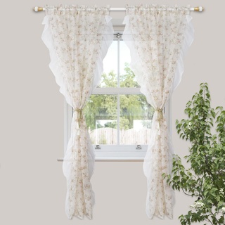 Ricemru Rüschen Vorhang Durchsichtig Rosa Blumen Boho mit Stangendurchzug Rustikal Landhaus Voile Rüschengardinen Gardine Halbtransparent Vorhangschal Dekoschal 2er Set Wohnzimmer,132x213cm