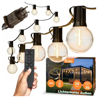 Lichterkette Außen Outdoor LED Strom,20M Außenbeleuchtung mit Stecker, 36Glühbirnen, Timer 9Modi, IP65 Wasserdicht Wetterfest Lichterkette Glühbirnen für Garten Terrasse Party Weihnachten, Warmweiß