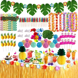 107 Stück Hawaii Party Dekoration Set, Hawaii Luau Tischröcke, Hawaiianische Partydekorationen, Kranz, Die Blumen, Künstliche Palmenblätter, Kuchengabeln und Strohhalme Dekorieren, Gut für Grillpartys