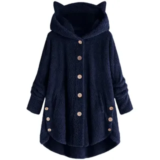 Winterjacke Damen Lang Teddyjacke Outdoor Kawaii Cardigan mit Kapuze und Knopf Hoodie Einfarbig Hochwertige PlüSchjacke Oversize Warm Kapuzenpullover Sweatshirt Mode Lammwoll Parka Mantel - M