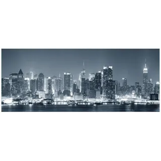 Wallario Glasbild New York Skyline - Schwarz Weiß Blau - 50 x 125 cm Wandbilder Glas in Premium-Qualität: Brillante Farben, freischwebende Optik
