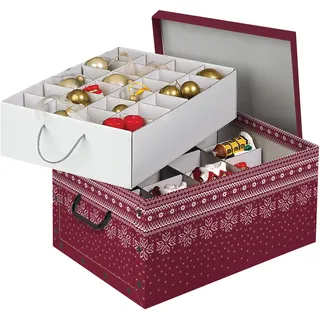 Kreher Weihnachtlicher XL Deko Karton mit Einsätzen für ca. 40 Weihnachtskugeln. Aus stabiler Pappe mit Griffen aus Kunststoff. In Rot mit Schneeflocken