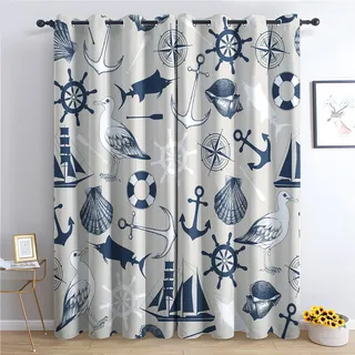 THYUNQ Maritime Vorhänge, Vorhang Blickdicht Verdunklungsvorhänge mit Ösen - Gardinen Wohnzimmer Schlafzimmer Fenster mit Muster, 2er Set Curtains, H 137 x B 117 cm