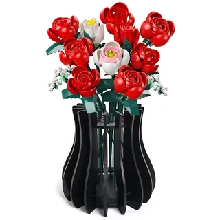 Holzvasen-Set für Lego-Rosen, Kirschblüten, Sonnenblumen, Tulpen, Narzissen, Lotus, niedliche Blumenvase für Lego-Blumenstrauß, Arrangement, Heimdekoration für Frauen und Erwachsene (schwarz)
