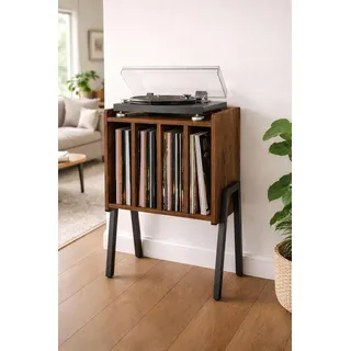 ACAZA Vinylmöbel Plattenspielertisch – Ständer für Plattenspieler und Schallplatten mit 4 Fächern – 40 x 30 x 66cm – Holz und Metall – (Vintage Braun)