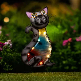 LED Solar-Gartenstecker Katze Maße: ca. 18 x 6,5 x 31 cm PP und Glas Akku neu