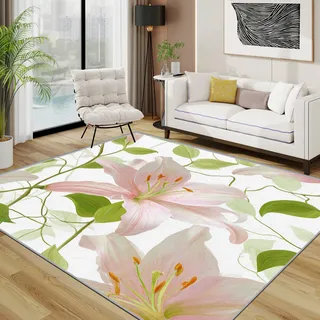 TerroVee Blumen Teppich Schlafzimmer, Rosa Lilie Grün Blatt Teppich 120x170 cm, Botanisch Blumig Waschbar Kurzflor Antirutsch Teppiche Für Wohnzimmer Schlafzimmer, Rosa Grün Weiß