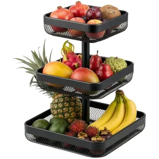 eluno 3-stöckige eckige Obstetagere/Brotkorb, Etagere, Obstschale, Obstkorb, viel Platz für die übersichtliche Lagerung von Obst, Gemüse, Brot und Snacks in Küche und Wohnzimmer aus Metall (Schwarz)