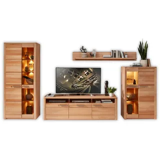 Stella Trading NATURE ONE Wohnwand Komplett-Set Kernbuche teilmassiv mit LED 390 x 203 x