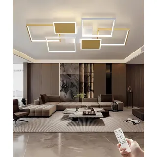 JINGKER LED-Deckenleuchte Modernes Wohnzimmer Quadratische Deckenleuchte, Dimmbare Schlafzimmer Deckenlampe mit Fernbedienung Deckeneinbauleuchte für Wohnzimmer Schlafzimmer Büro (Gold+Weiß, L110CM)