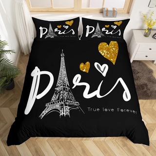 Loussiesd Eiffelturm-Bettbezug schickes Paris-Thema Bettwäsche 155x220 cm französisches Stadtbild Bettwäsche-Set für Kinder Erwachsene goldenes Herzmuster Bettbezug schwarz, ultraweiche Bettwäsche